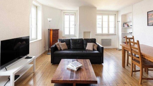 A living room with a black leather sofa, a wooden coffee table, a TV on a white stand, a dining table with chairs, and a bookshelf. - DIFY Palais - Cordeliers (Lyon)