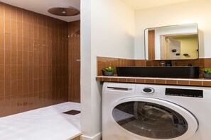 Une salle de bain équipée d’un lave-linge, d’un lavabo et d’un miroir.