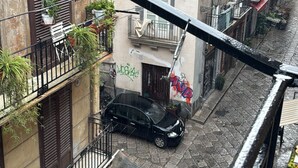 A narrow street with buildings on either side, balconies with plants, and a parked car. - That's Amuri - Holiday apartment (Palermo)