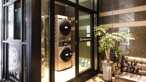 A hotel room with a large window, a washing machine, a plant, and a sofa. - 3S HOTEL DONGTAN - BOUTIQUE (Hwaseong)