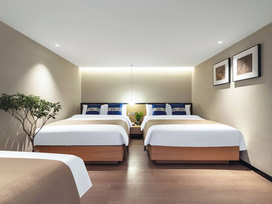 Habitación de hotel con dos camas, una planta y cuadros en la pared.