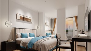 A modern bedroom with a large bed, bedside tables, a desk, and a view of a cityscape through a window. - Beijing Gu Xiang 20 Hutong Culture Hotel (Beijing)