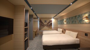 A hotel room with two beds, a desk, a chair, a TV, and a mural on the wall. - YUTORIA RESORT HIDATAKAYAMA (Takayama)