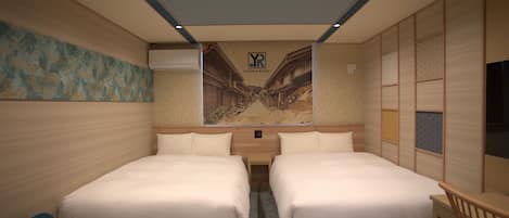 A hotel room with two beds, a small desk, and a wall-mounted TV.