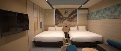 A hotel room with two beds, a TV, a small table, and a chair.