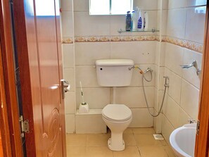 Shower, bidet, towels, soap