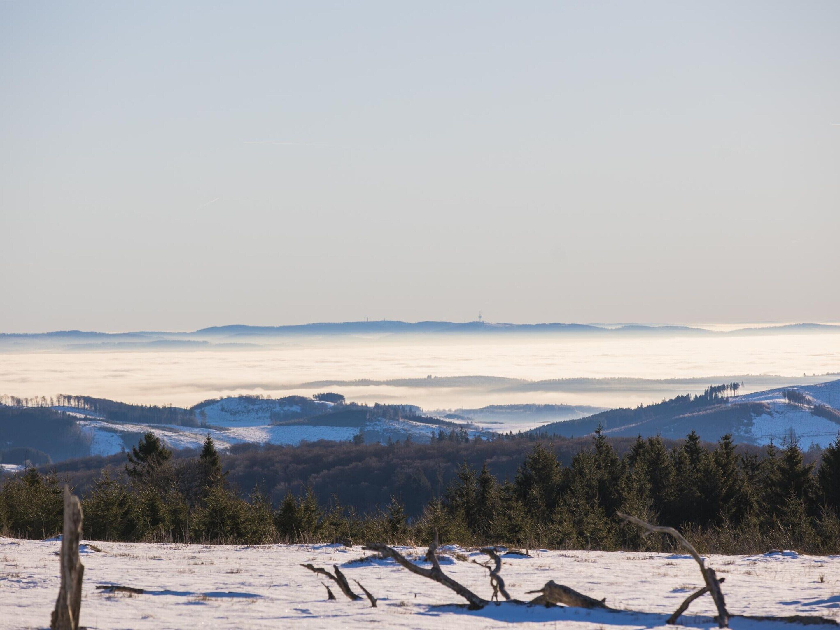 A snow-covered landscape with a clear view of distant hills and a forested area.