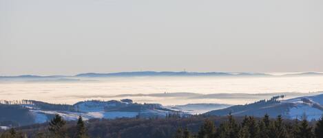 A snow-covered landscape with a clear view of distant hills and a forested area.