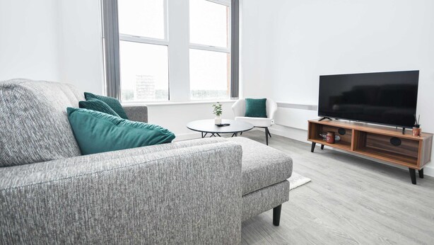 A modern living room with a grey sofa, a coffee table, a TV on a wooden stand, and a window with curtains.