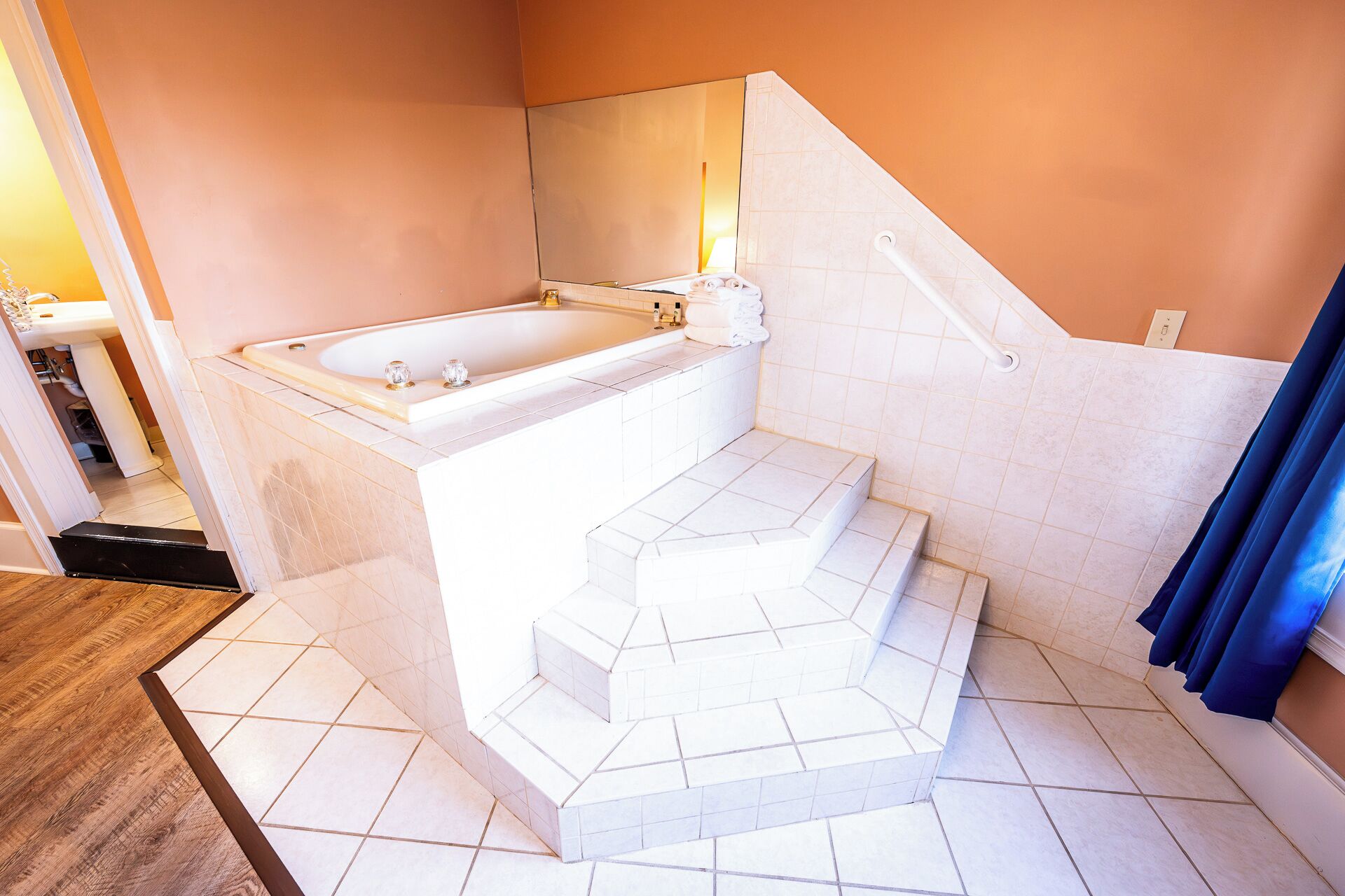 A bathroom with a bathtub, a shower, and a toilet. There are steps leading up to the bathtub.