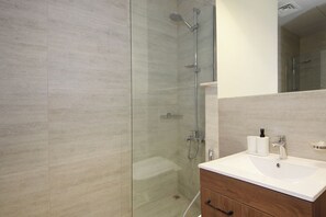 Shower, hair dryer, bidet, towels