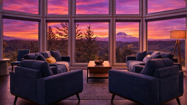 A modern living room with large windows, two sofas, a coffee table, and a lamp. - Family Retreat -Mt Rainier Views • Pool • Hot Tub • Sleeps 11 (Auburn)