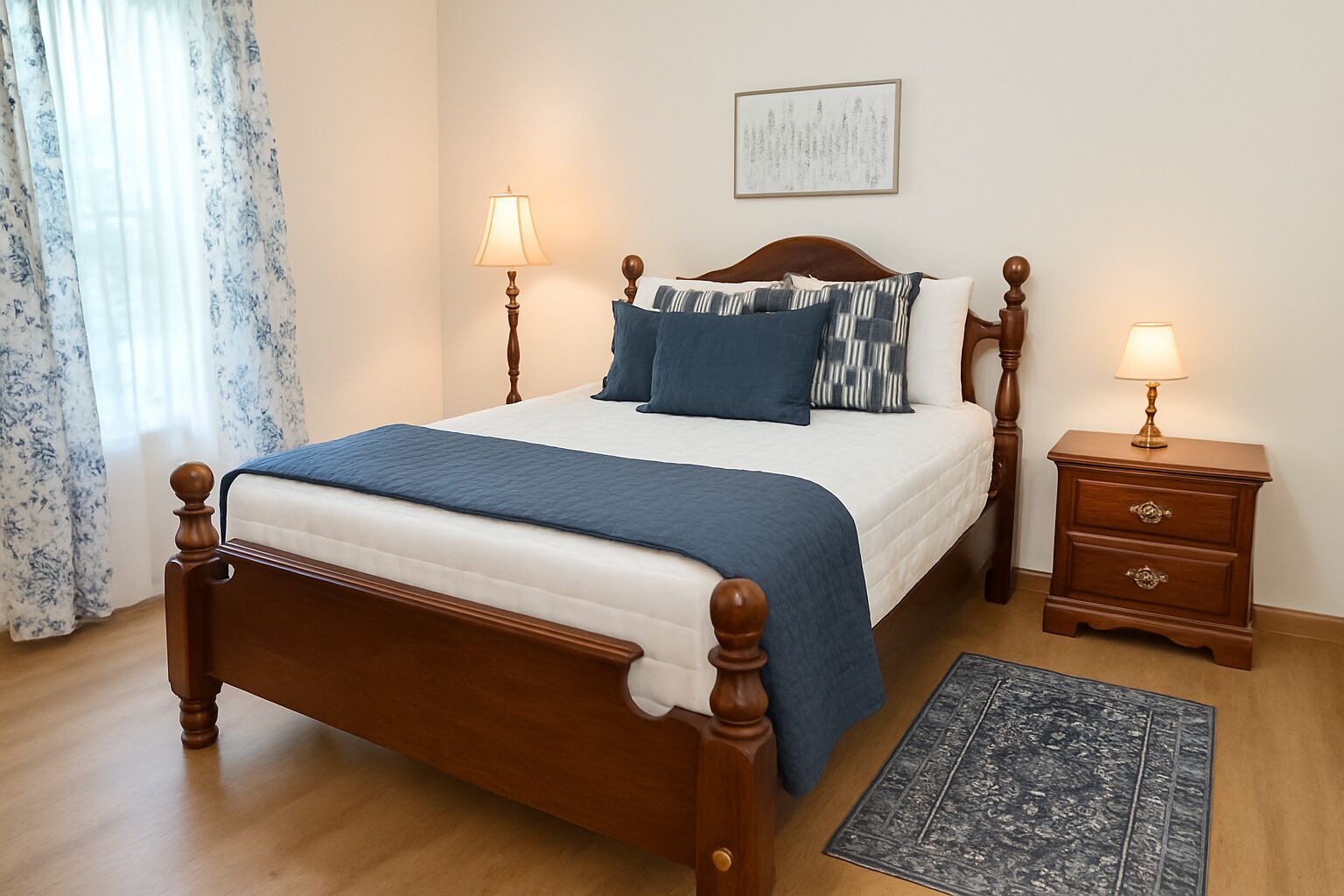 Una cama bien hecha con cabecera de madera, dos mesitas de noche con lámparas, una alfombra y un cuadro en la pared.