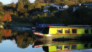 A green and black boat named 'Elmora Ginger' docked at a calm lake with reflections of trees and houses in the background. - Stone - Self-drive Boat - Sleeps 8 - Pet Friendly (Stone)