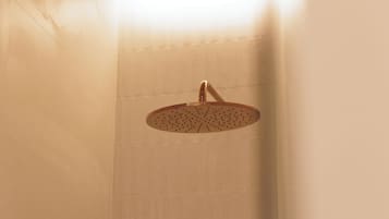 A showerhead with a circular design and a handle.