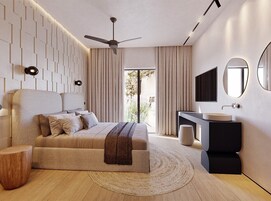 Una camera da letto moderna con un letto, un comodino e una ventola a soffitto.