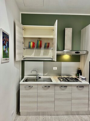 Kühlschrank, Ofen, Herdplatte, Wasserkocher mit Kaffee-/Teezubehör