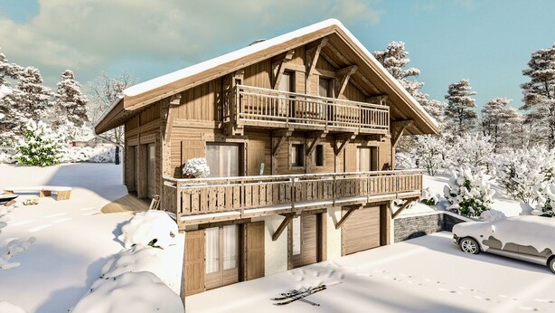 Una cabaña de madera con balcón, rodeada de árboles cubiertos de nieve.