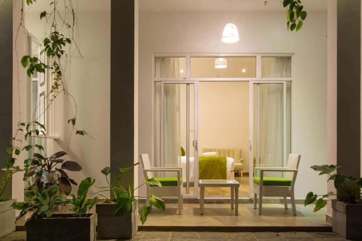 A hotel entrance with a glass door, two white chairs with green cushions, and potted plants.