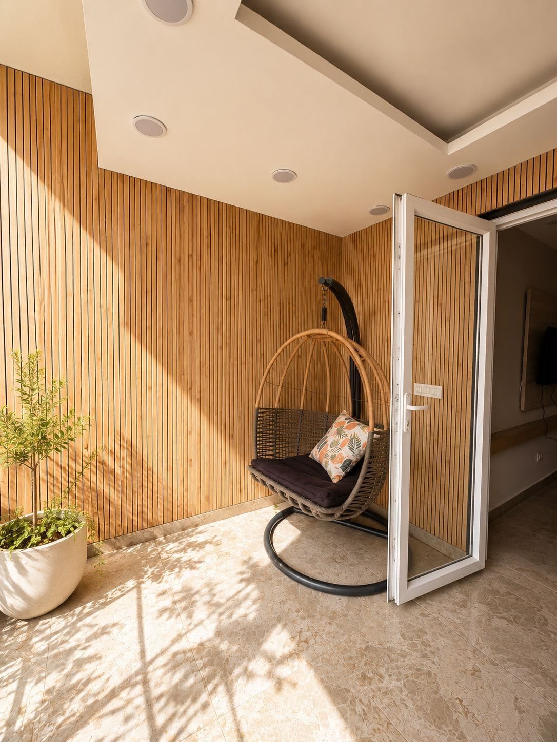 Un interior moderno con un muro de listones de madera, una silla colgante con cojín, una planta en maceta y un cerramiento de vidrio corredera que da a otra habitación.