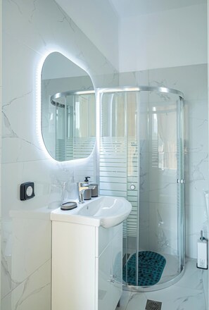 Douche, séchoir à cheveux, serviettes fournies, papier de toilette