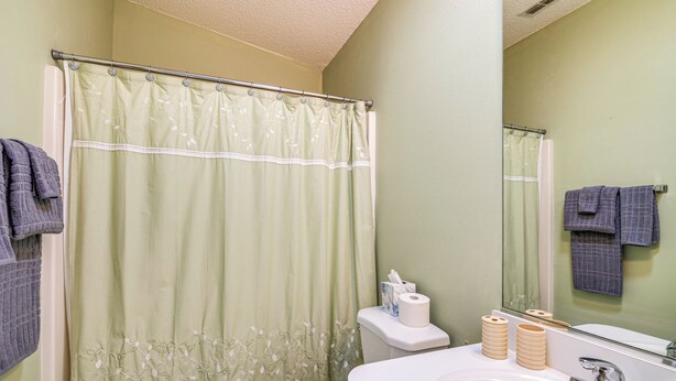 A bathroom with a shower curtain, toilet, sink, and a mirror reflecting a towel. - 2BR Pet-friendly Vacation Rental The Villages! (Lady Lake)
