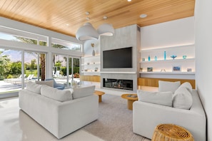 TV, fireplace, foosball