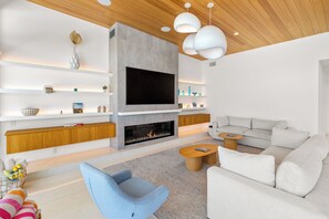 TV, fireplace, foosball