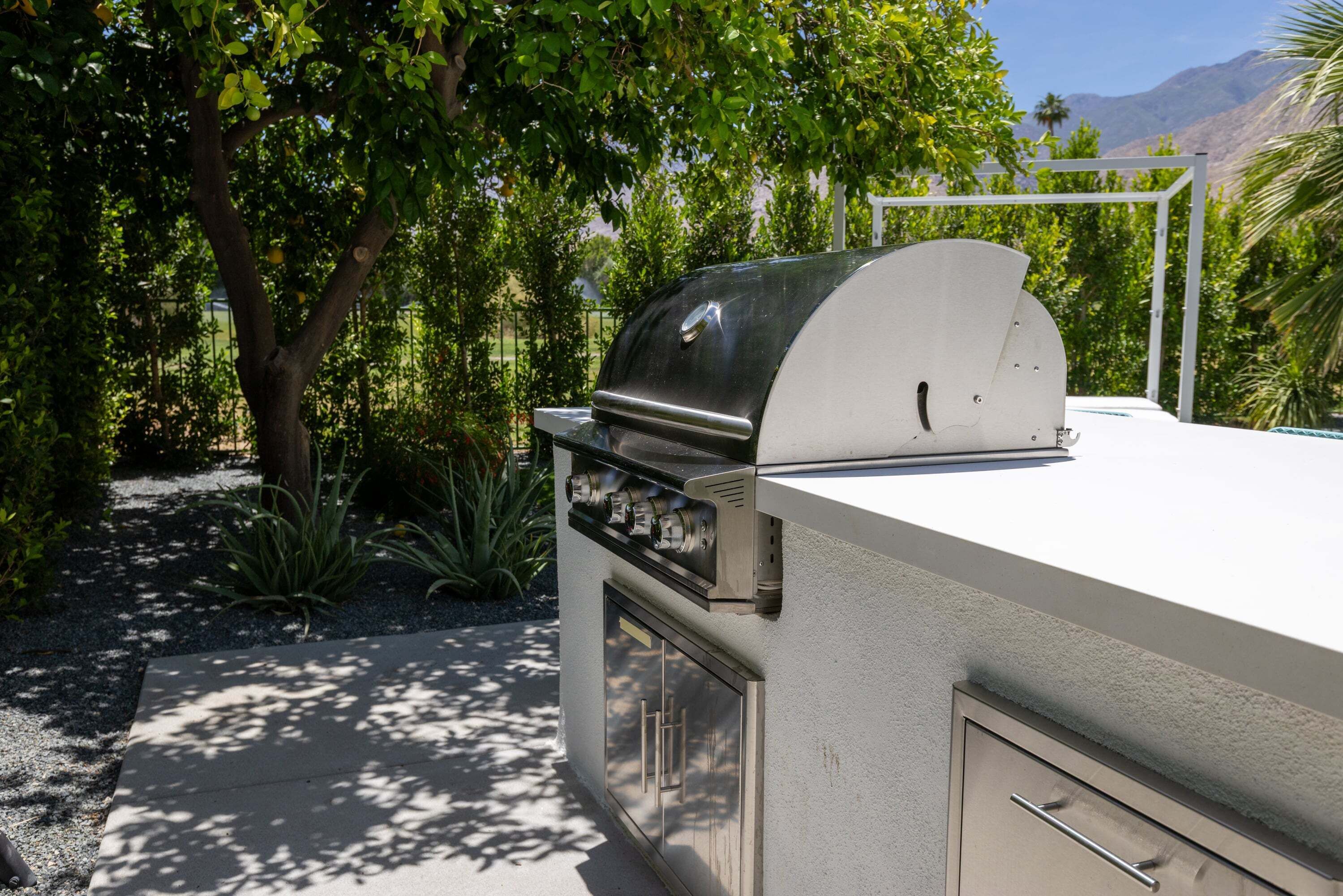 Een barbecue bevestigd aan een gebouw, met uitzicht op een tuin en bergen.