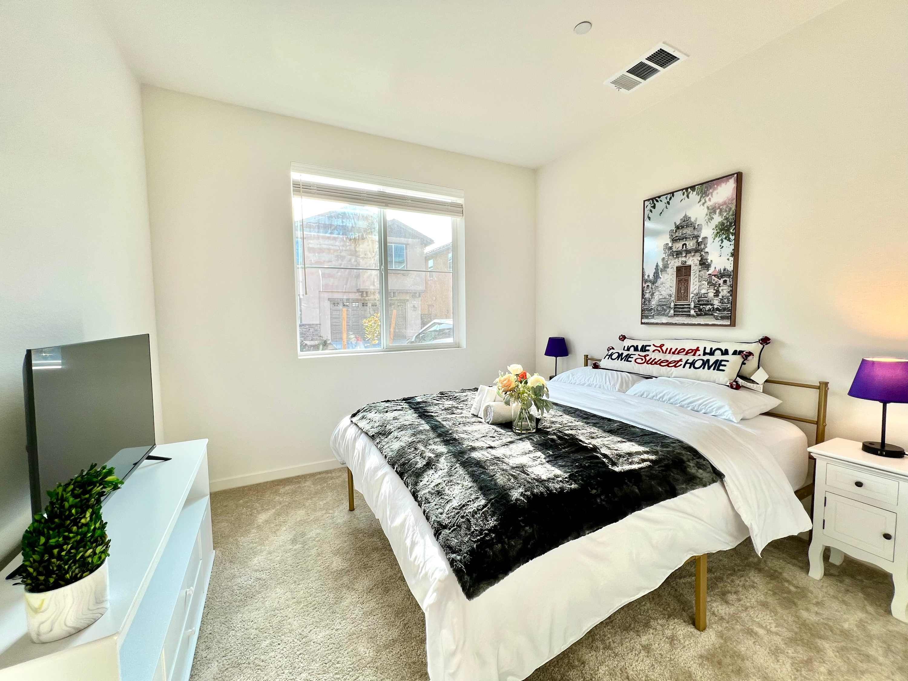 A bedroom with a bed, a TV, a window, a bedside table, a lamp, and a plant.