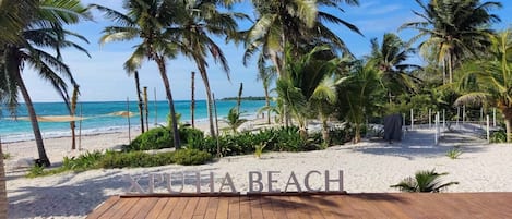 A wooden deck with a view of a beach and palm trees.