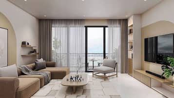 Apartamento Deluxe, 2 habitaciones, balcón, vistas a la ciudad | Ropa de cama hipoalergénica, minibar, escritorio