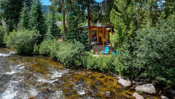 A cabin surrounded by dense forest and a flowing stream.