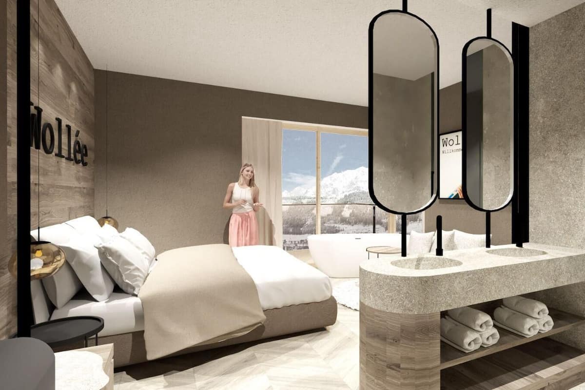 Quarto casal luxo, vista para a montanha | Escrivaninha, espaço de trabalho para notebook, Wi-Fi de cortesia