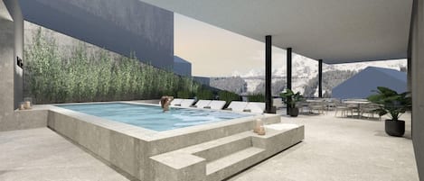 Outdoor pool, open 3:00 PM to 7:00 PM, free pool cabanas, pool loungers