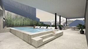 Outdoor pool, open 3:00 PM to 7:00 PM, free cabanas, sun loungers