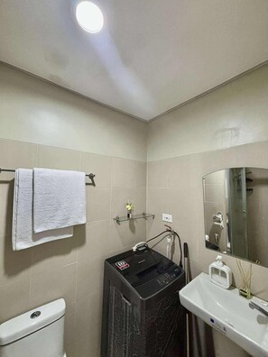 Shower, hair dryer, bidet, towels