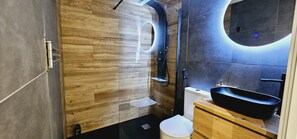 Secadora de cabello, toallas, jabón, papel de baño