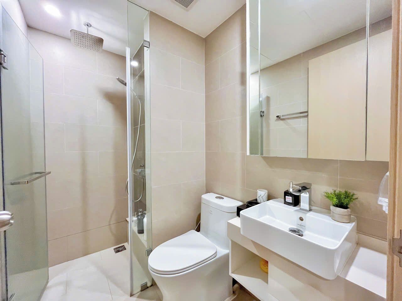 A modern bathroom with a glass shower enclosure, a white toilet, and a sink with a mirror above it.