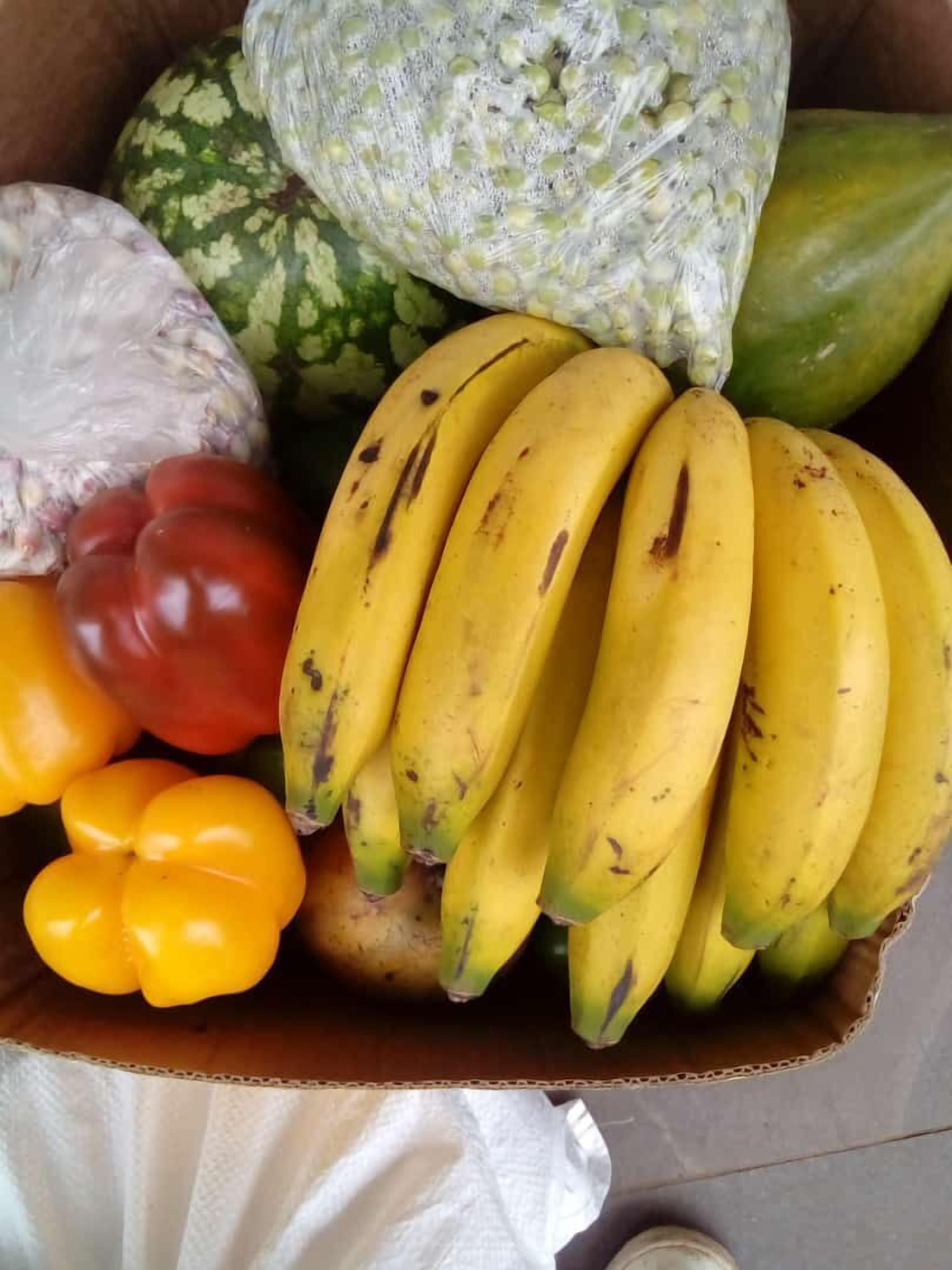 Een kartonnen doos gevuld met verschillende soorten fruit en groenten.