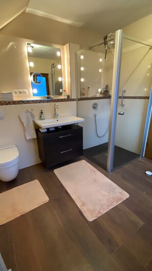 Shower, hair dryer, towels, soap