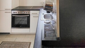 Una cocina moderna con estufa, horno y lavavajillas integrado.