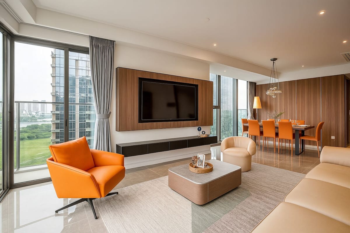 A modern living room with a large TV, orange chairs, a dining area, and large windows offering a city view.