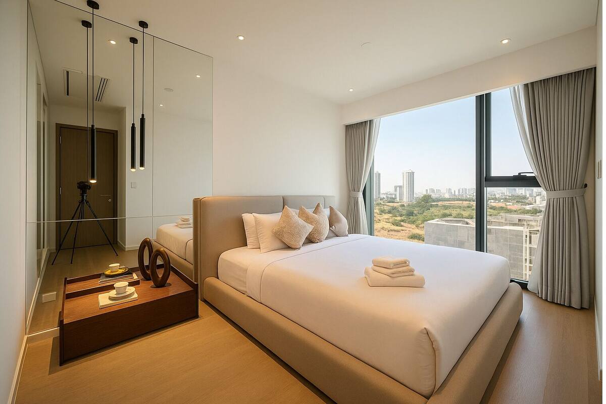 A modern hotel room with a large bed, a desk with a laptop, a tripod, and a view of the city.