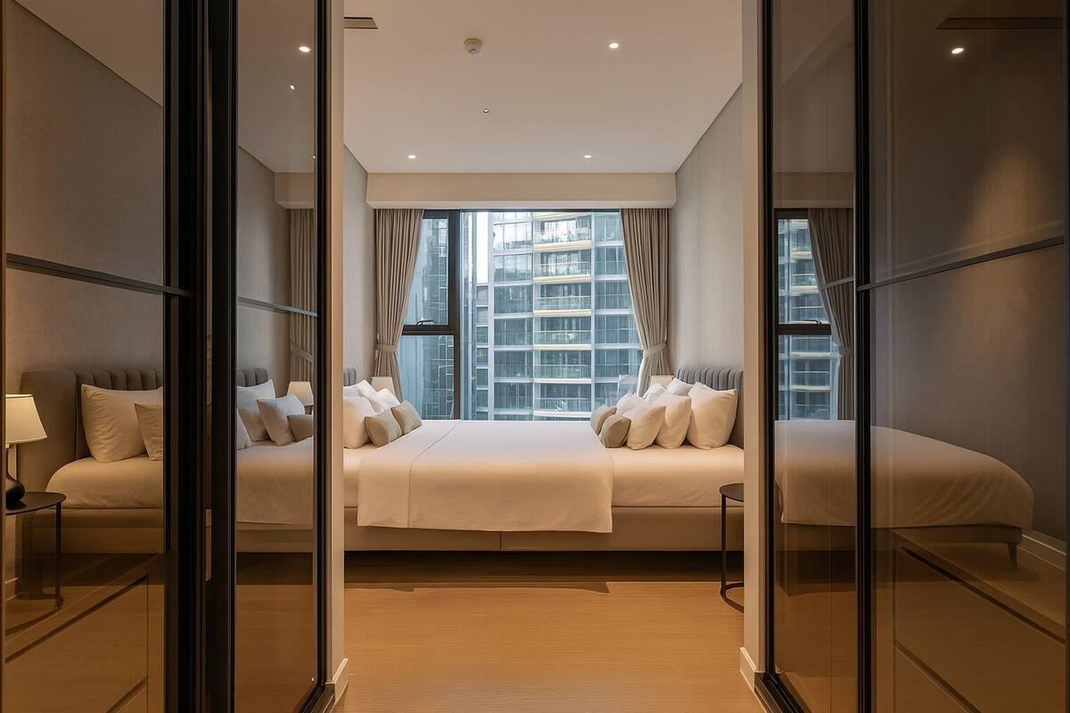 A modern hotel room with a large bed, a desk, and a view of the cityscape through large windows.