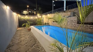 Ein Nachtblick auf ein Schwimmbecken mit einer Fliesenveranda, umgeben von Blumentöpfen und einer niedrigen Mauer mit Stacheldraht.