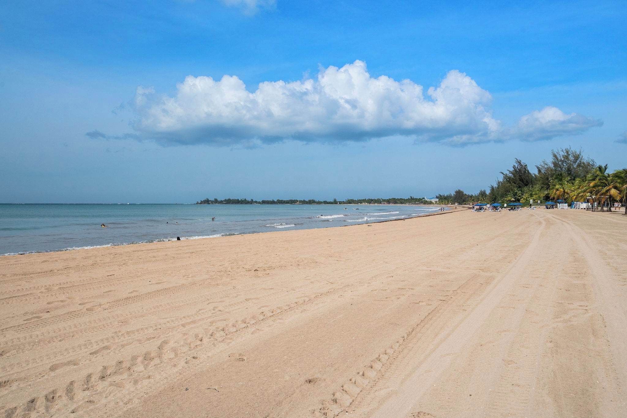 A wide sandy beach with footprints leading to the water, a clear sky, and a distant shoreline with vegetation and structures.