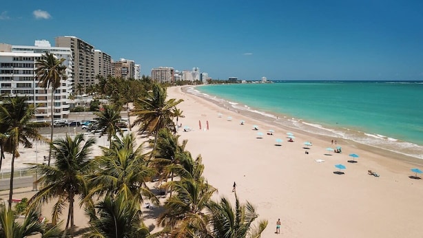Una playa con palmeras, una orilla arenosa y un mar azul cristalino.