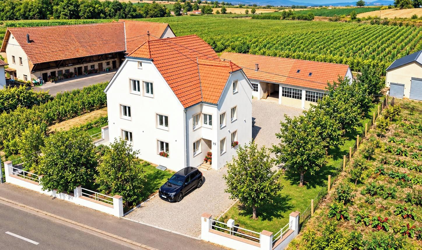 A two-story house with a red-tiled roof, surrounded by vineyards, and a black car parked in the driveway.