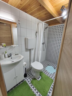 Dusche, Haartrockner, Handtücher, Seife